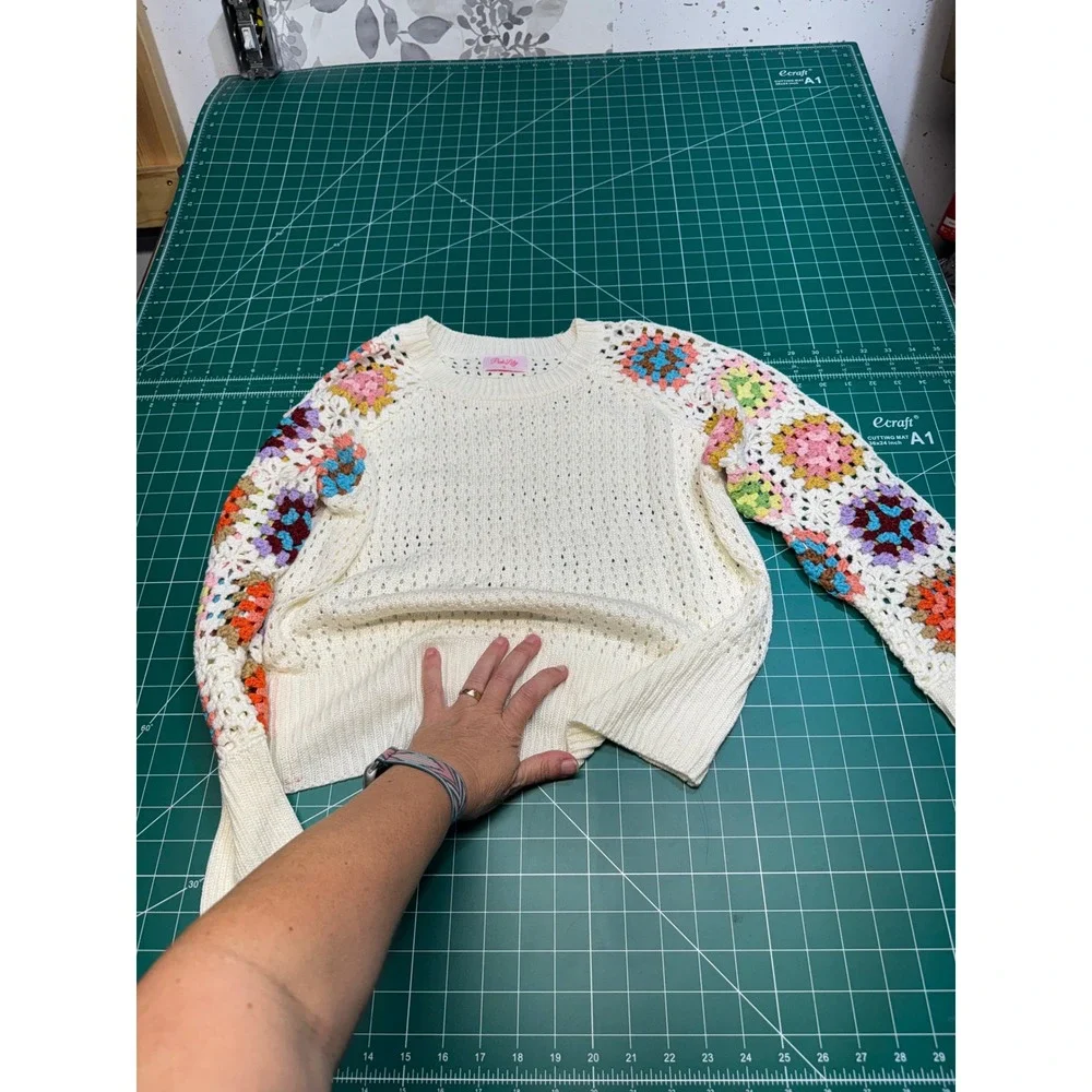 Pink Lily Crochet Granny Square Sleeve Sweater Cream Boho Knit Top Small